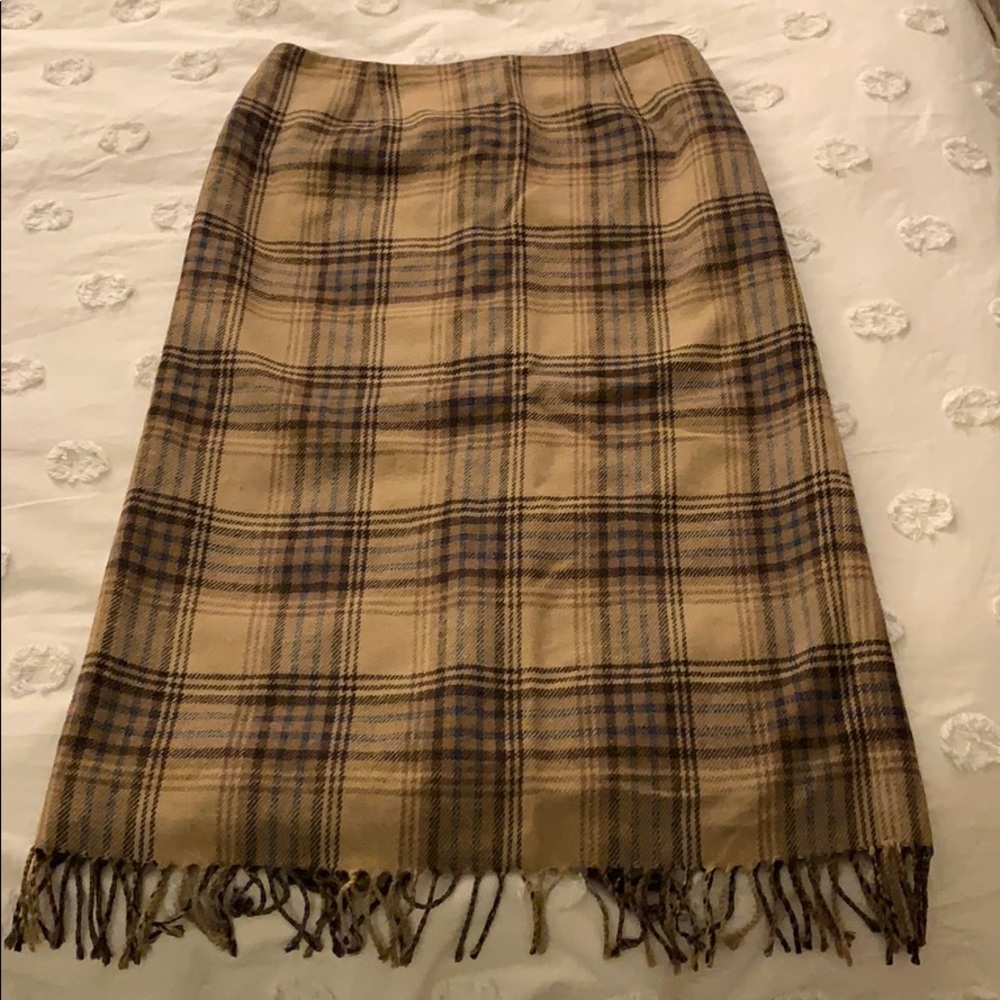 VTG Plaid Tweed Tan Blue Brown Midi Skirt